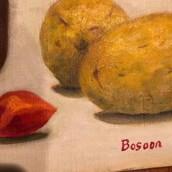 Still-life oil painting featuring quinces & crushed cherries - Picture 3 of 5